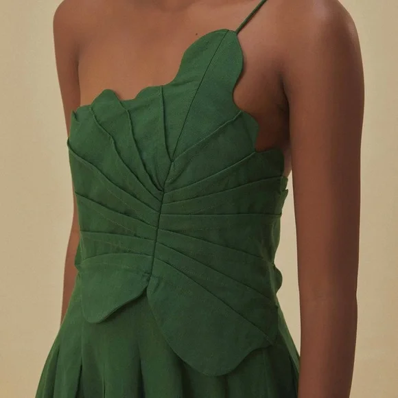 NWT Farm Rio Lea Linen Tropical Vacation Pleated One Shoulder Mini Dress Green - Picture 2 of 15